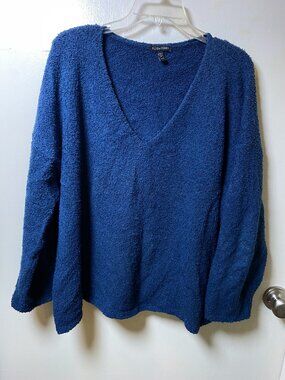 Eileen Fisher Organic Cotton Bouclé V-Neck Sweater XL Blue